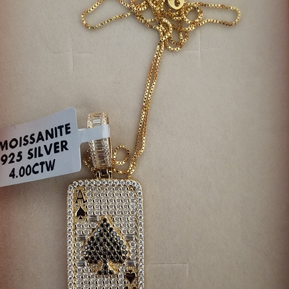 18k Gold Vermeil Over Sterling Silver Ace Of Spades Necklace Full Moissanite 4ct